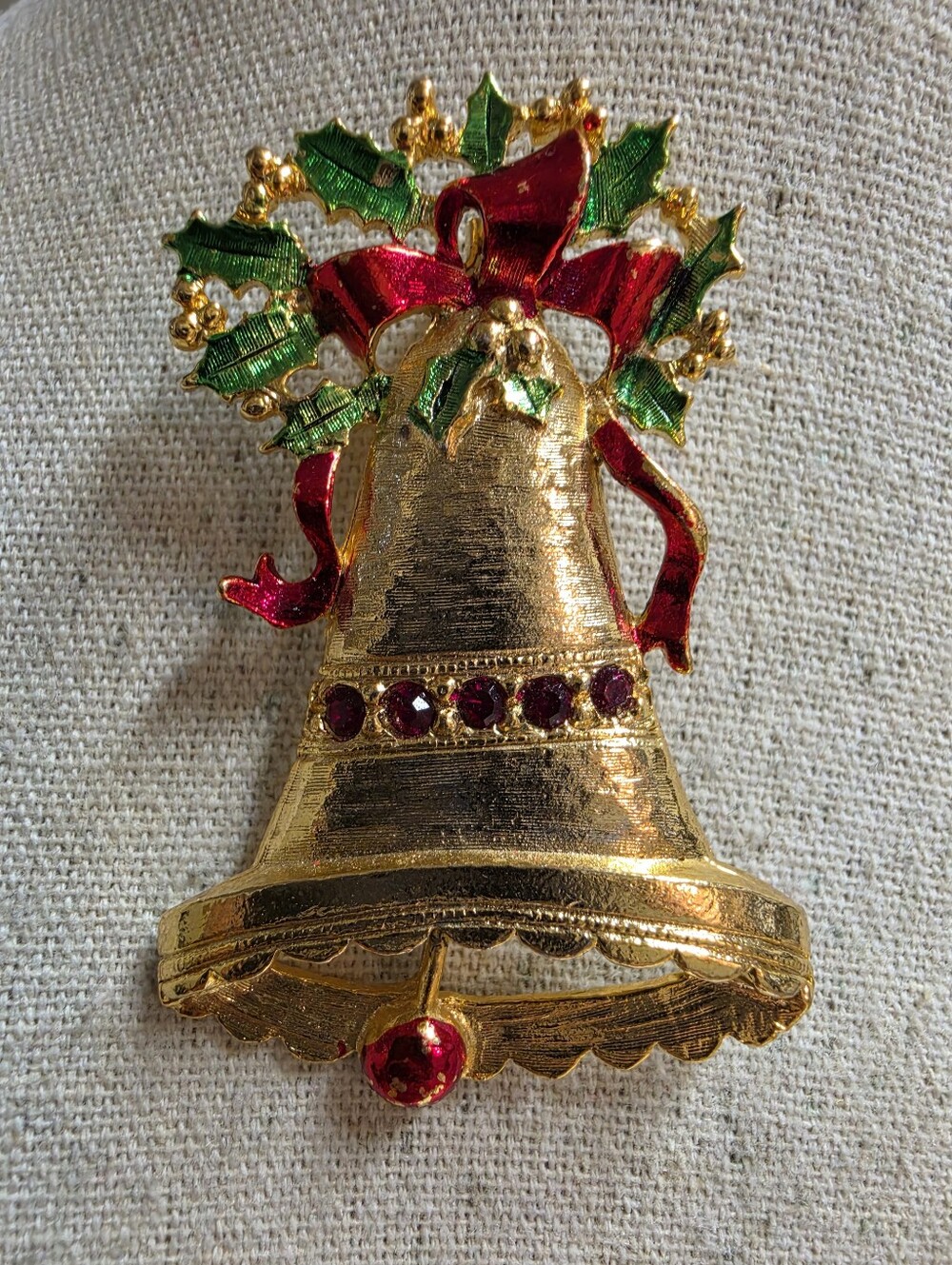 Vintage Christmas Bell with Holly And Bow Brooch